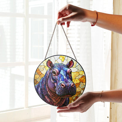 Stained Glass Hippo Suncatcher Purple Blue Amber Animal Gift