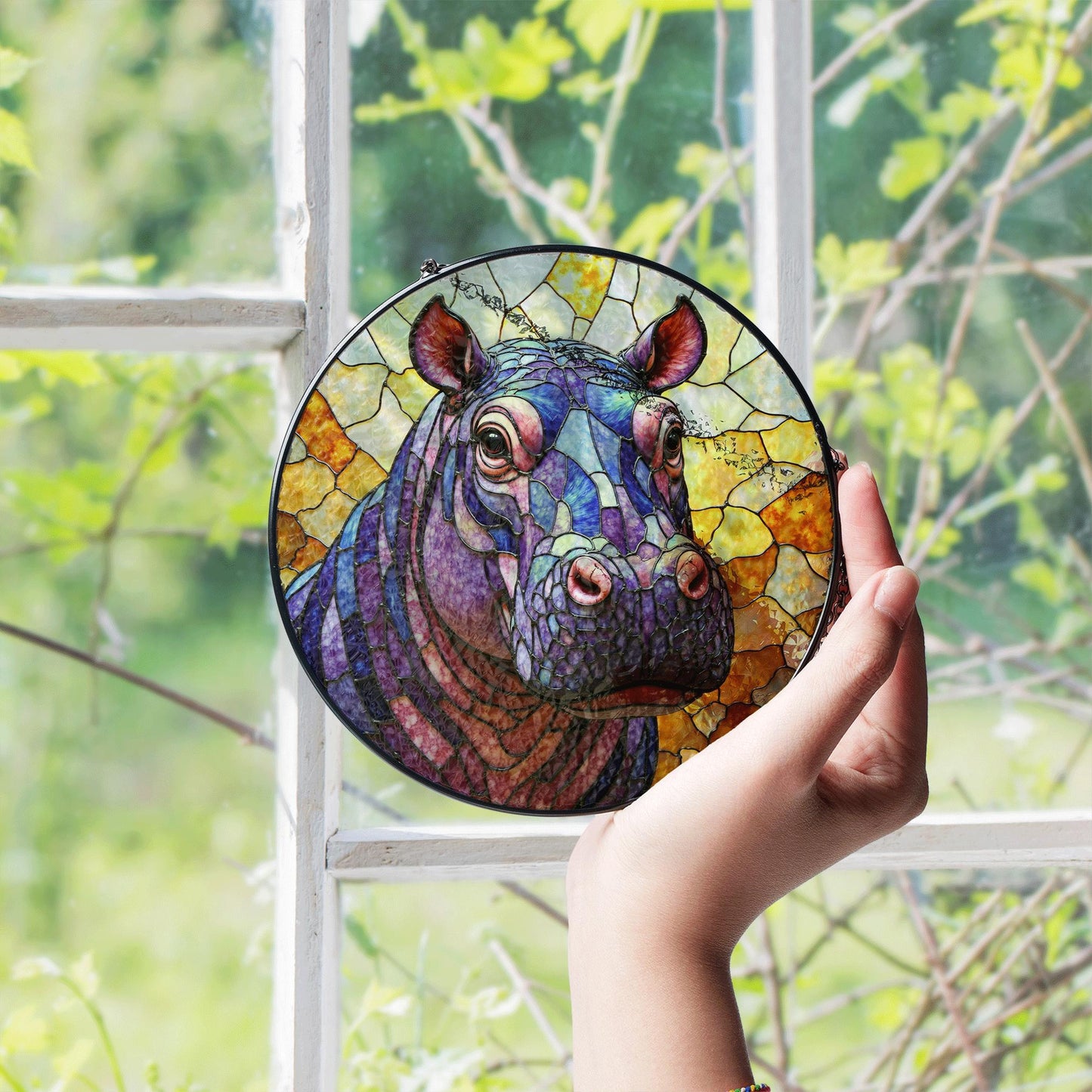 Stained Glass Hippo Suncatcher Purple Blue Amber Animal Gift