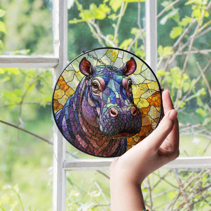Stained Glass Hippo Suncatcher Purple Blue Amber Animal Gift