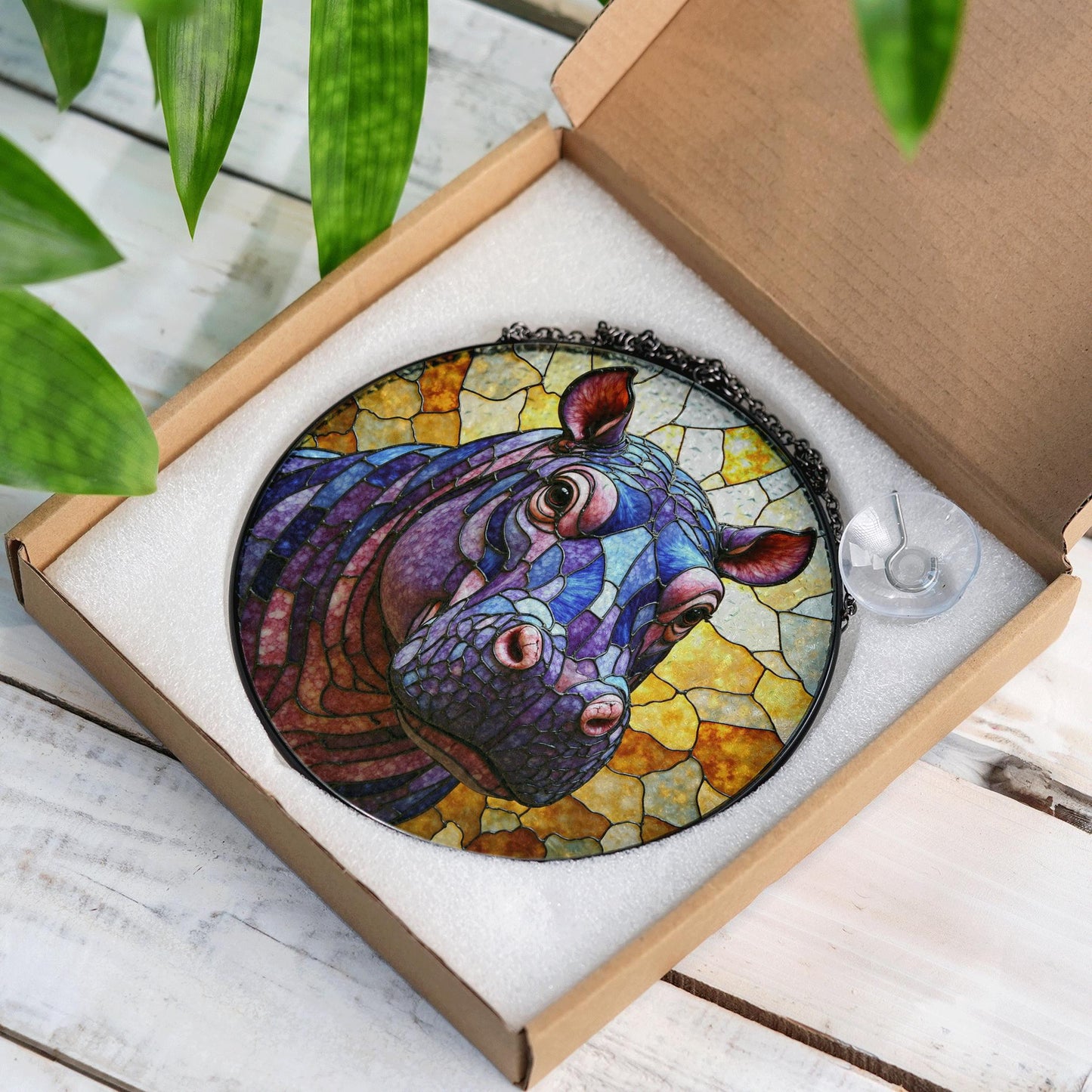 Stained Glass Hippo Suncatcher Purple Blue Amber Animal Gift