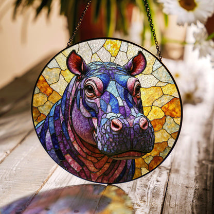 Stained Glass Hippo Suncatcher Purple Blue Amber Animal Gift