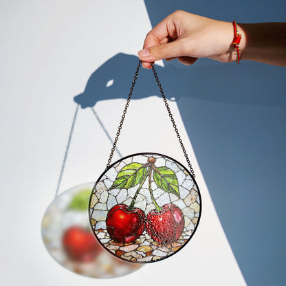 Stained Glass Cherry Suncatcher with Red Fruit and Green Leaves, Perfect Gift for Nature Lovers