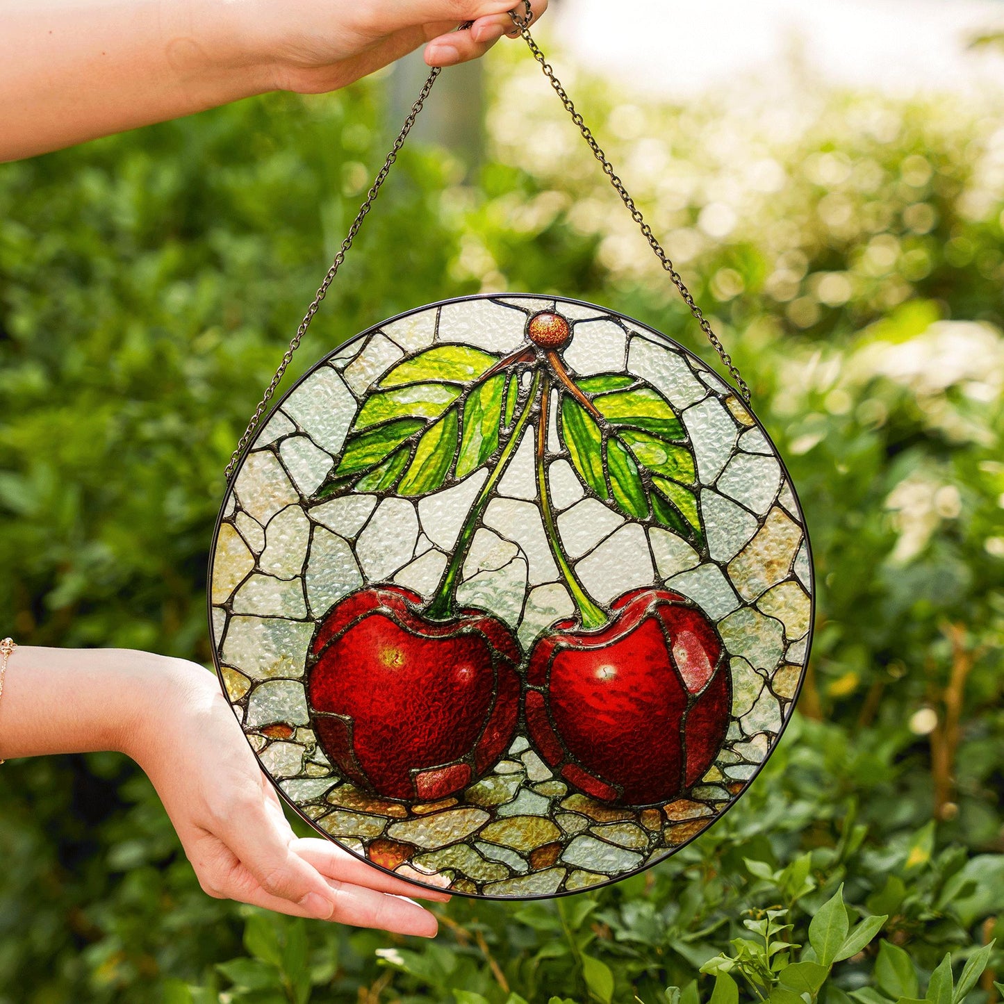 Stained Glass Cherry Suncatcher with Red Fruit and Green Leaves, Perfect Gift for Nature Lovers