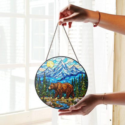 Stained Glass Bear in Mountains Suncatcher Nature Art Gift for Outdoors Lovers