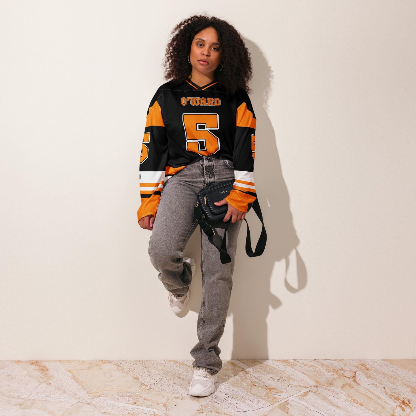Motorsport-Inspired Unisex Oversized Hockey Jersey – Black and Orange Racing Jersey with Bold Number 5 Design