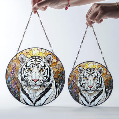White Tiger Nature Scene Suncatcher Stained Glass Style Window Decor Gift for Wildlife Lovers