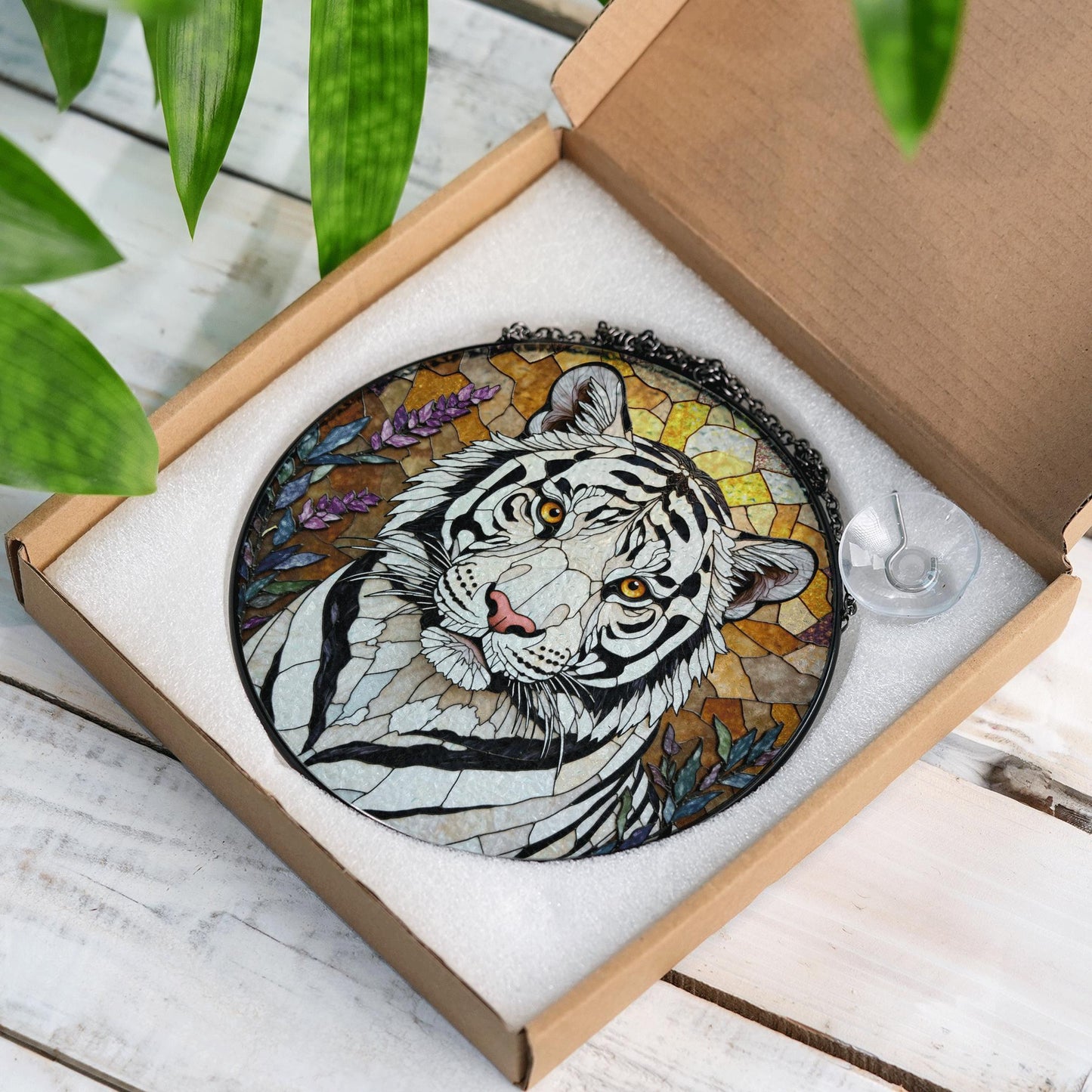 White Tiger Nature Scene Suncatcher Stained Glass Style Window Decor Gift for Wildlife Lovers