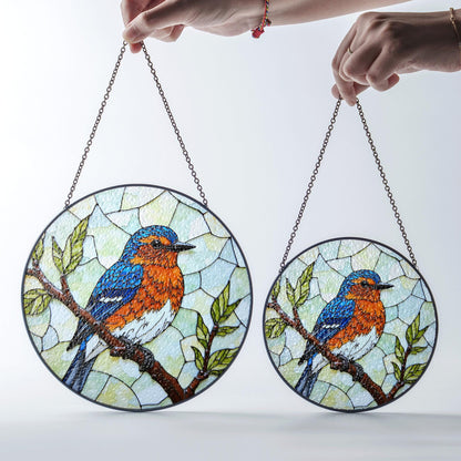 Blue Orange Bird on Branch Window Suncatcher Handmade Glass Panel Gift for Nature Lover