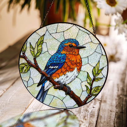Blue Orange Bird on Branch Window Suncatcher Handmade Glass Panel Gift for Nature Lover
