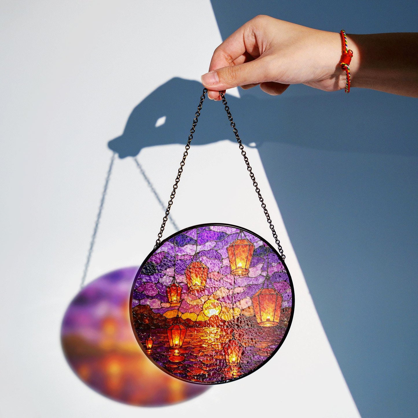 Sunset Lanterns Over Ocean Purple Sky Suncatcher Stained Glass Gift for Mom