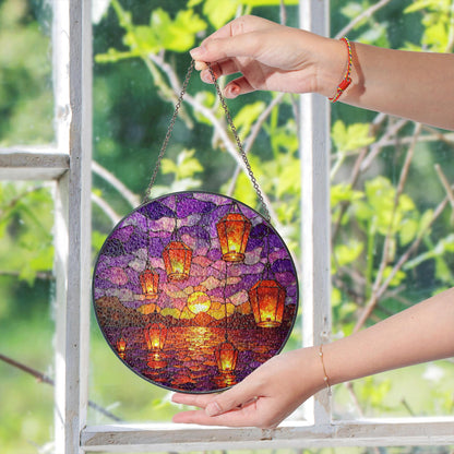 Sunset Lanterns Over Ocean Purple Sky Suncatcher Stained Glass Gift for Mom