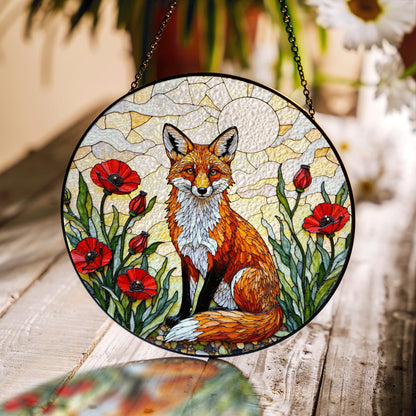 Red Fox in Poppy Field Suncatcher Stained Glass Style Window Art Gift for Animal Lover