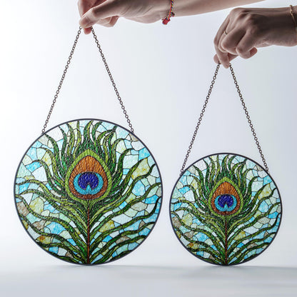 Vibrant Peacock Feather Art Glass Suncatcher Window Hanging for Mom Wife or Nature Lover