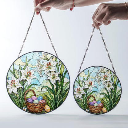 White Lilies and Easter Eggs Basket Stained Glass Suncatcher Window Hanging Gift for Grandma