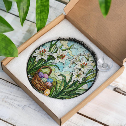 White Lilies and Easter Eggs Basket Stained Glass Suncatcher Window Hanging Gift for Grandma