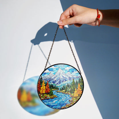 Mountain River Landscape Glass Suncatcher Nature Window Decor Gift for Hiker or Camper