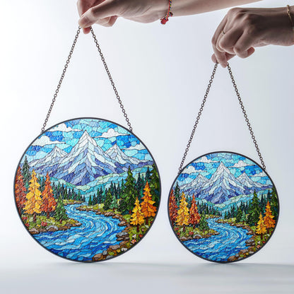 Mountain River Landscape Glass Suncatcher Nature Window Decor Gift for Hiker or Camper