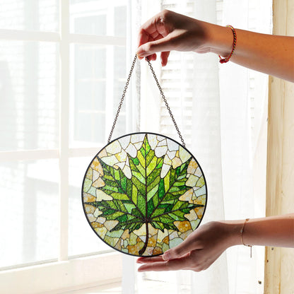 Maple Leaf Green Glass Panel Nature Inspired Suncatcher Gift for Garden Window Lovers