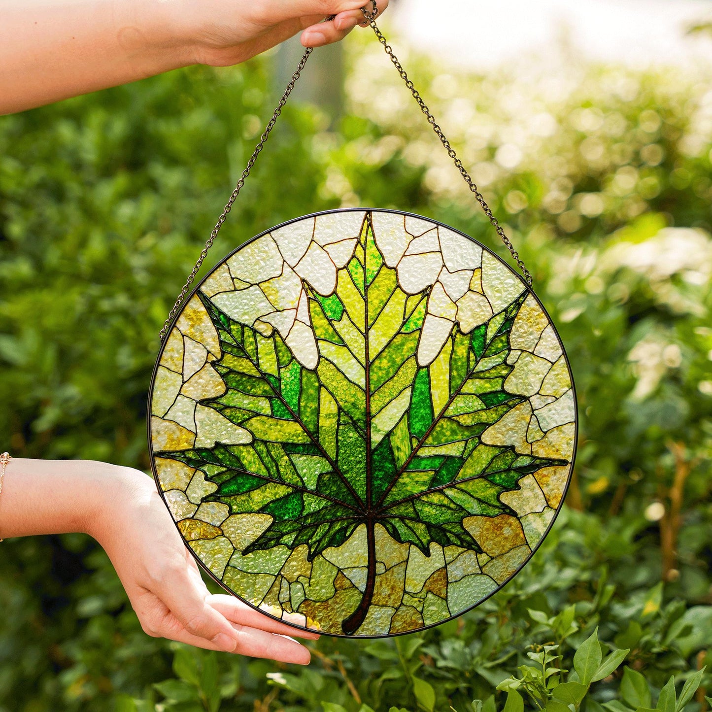 Maple Leaf Green Glass Panel Nature Inspired Suncatcher Gift for Garden Window Lovers