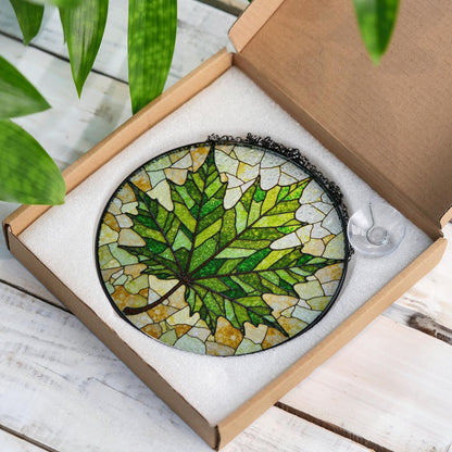Maple Leaf Green Glass Panel Nature Inspired Suncatcher Gift for Garden Window Lovers
