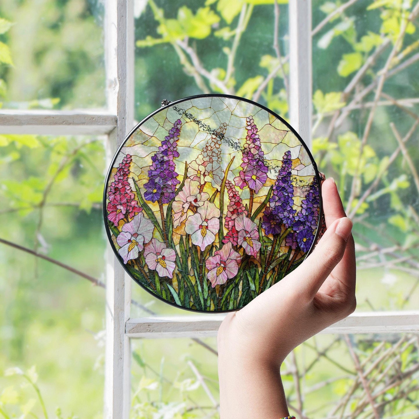 Pink Purple Wildflowers Stained Glass Suncatcher Floral Window Hanging Gift for Garden Lovers