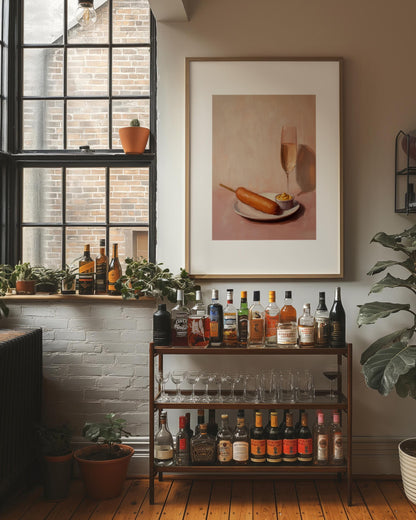 Champagne and Corndog Fine Art Print | Cute Quirky Whimsical | Cocktail Art Bar Cart Decor | Trendy Home Wall Art | Corndog Wall Art Gift