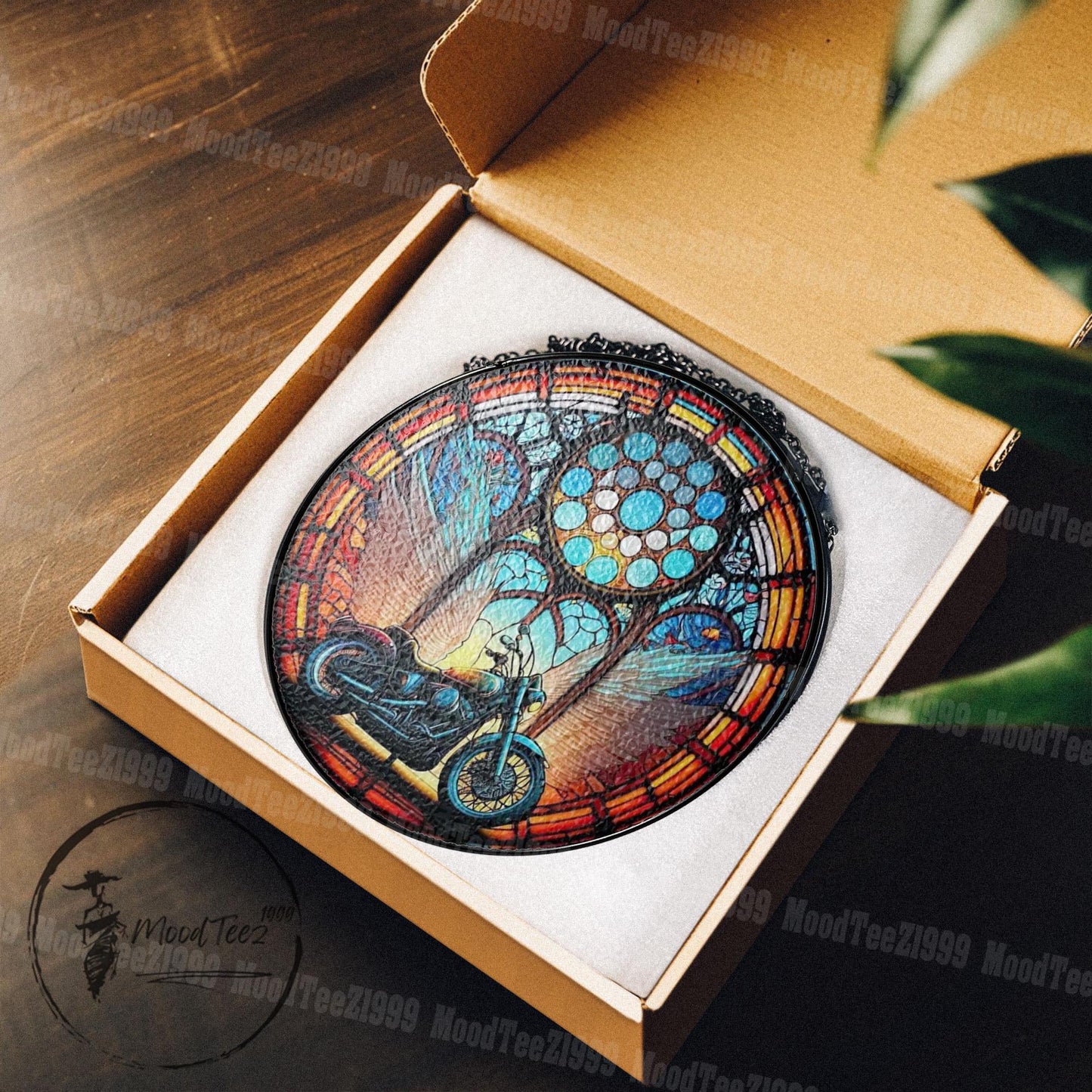 Motorcycle Stained Glass Window Hanging, Biker Angel Wings Suncatcher, Memorial Ride Decor, Unique Gift for Riders and Road Lovers