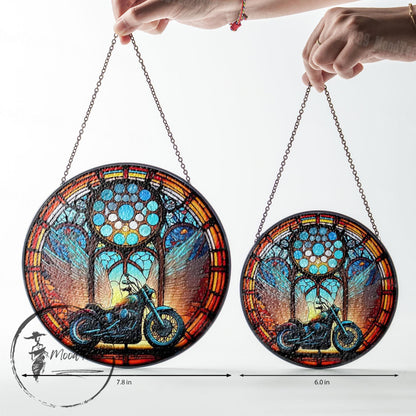 Motorcycle Stained Glass Window Hanging, Biker Angel Wings Suncatcher, Memorial Ride Decor, Unique Gift for Riders and Road Lovers