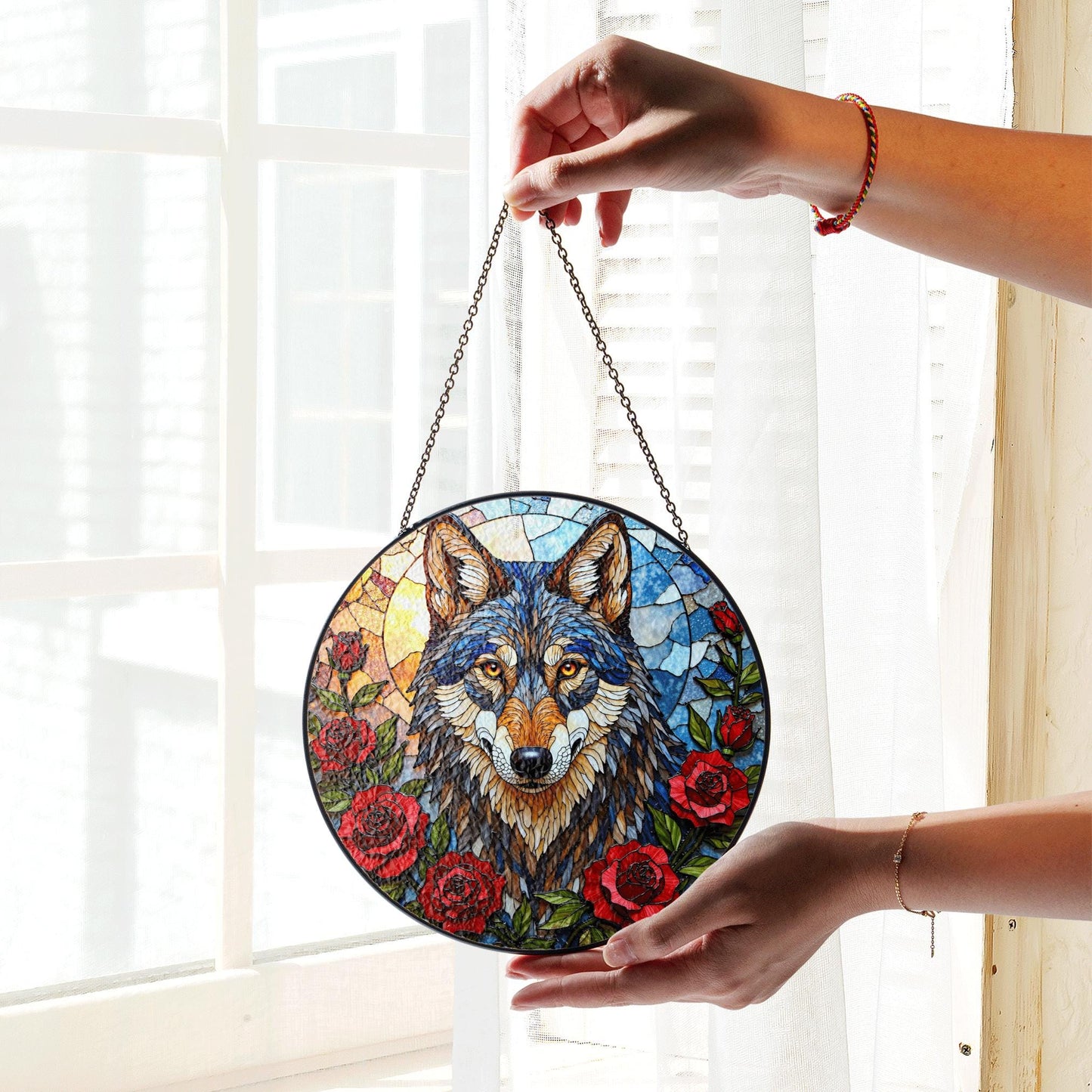 Wolf Stained Glass Suncatcher with Red Roses Animal Window Hanging Gift for Nature Lover