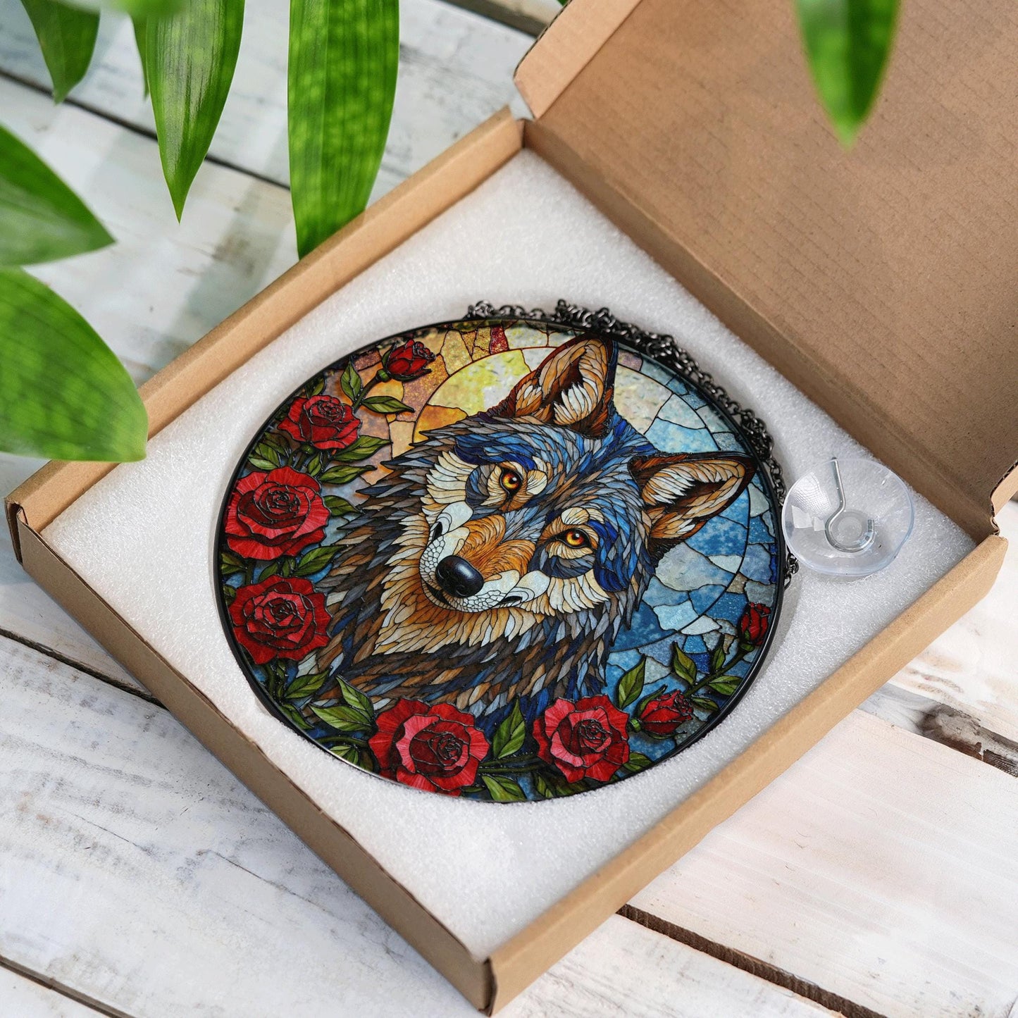 Wolf Stained Glass Suncatcher with Red Roses Animal Window Hanging Gift for Nature Lover