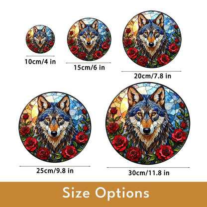 Wolf Stained Glass Suncatcher with Red Roses Animal Window Hanging Gift for Nature Lover