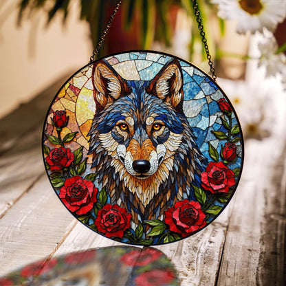 Wolf Stained Glass Suncatcher with Red Roses Animal Window Hanging Gift for Nature Lover