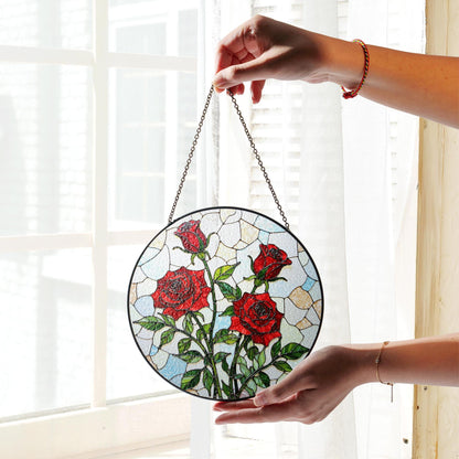 Red Rose Art Glass Window Hanging Stained Glass Suncatcher Gift for Mom Friend or Garden Lover