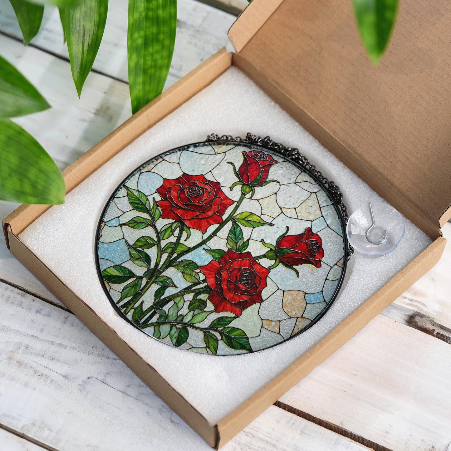 Red Rose Art Glass Window Hanging Stained Glass Suncatcher Gift for Mom Friend or Garden Lover