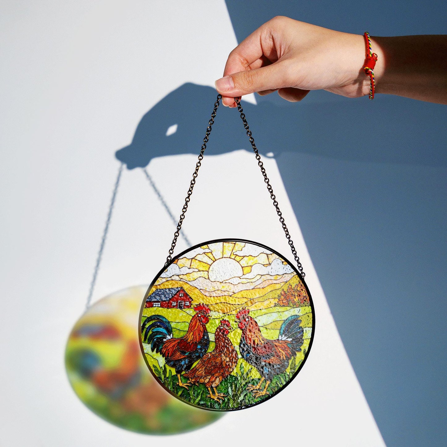Roosters Hens Farmhouse Scene Round Stained Glass Suncatcher Gift for Chicken Lovers