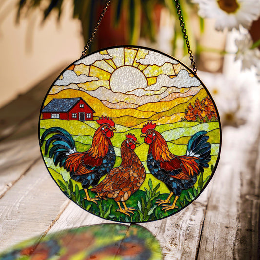 Roosters Hens Farmhouse Scene Round Stained Glass Suncatcher Gift for Chicken Lovers