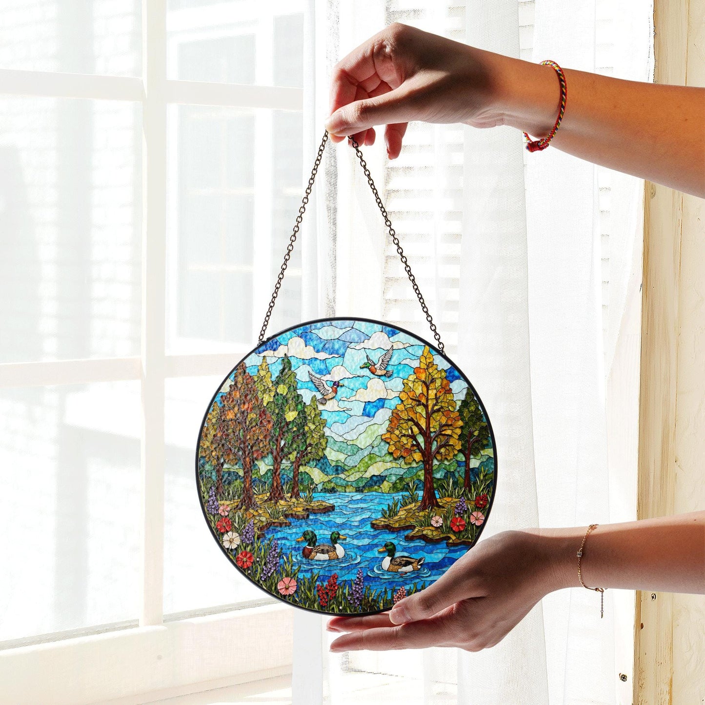 Forest River Ducks Stained Glass Style Round Suncatcher Gift for Mom