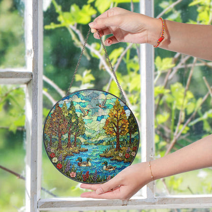 Forest River Ducks Stained Glass Style Round Suncatcher Gift for Mom