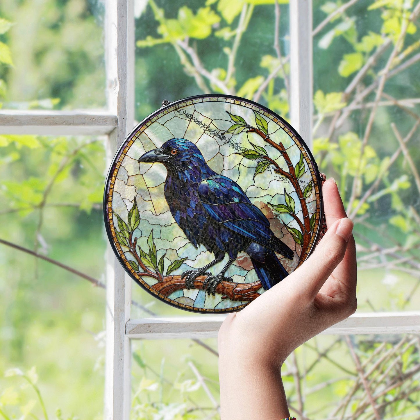 Stained Glass Raven Art Suncatcher Gothic Window Decor Gift For Bird Lovers