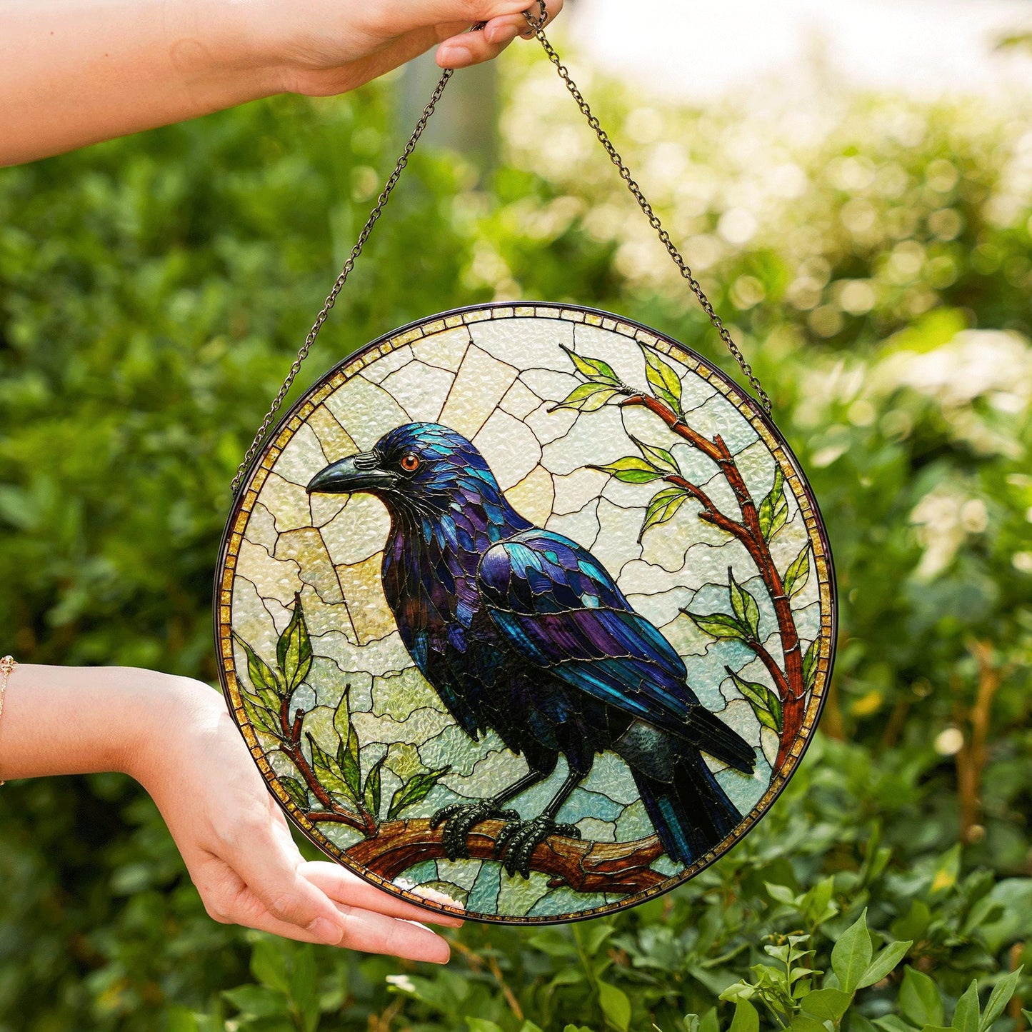 Stained Glass Raven Art Suncatcher Gothic Window Decor Gift For Bird Lovers