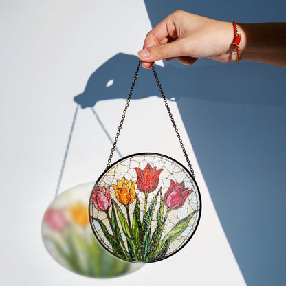 Stained Glass Tulip Round Panel Suncatcher Handmade Floral Window Decor Gift for Mom
