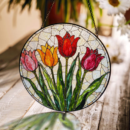Stained Glass Tulip Round Panel Suncatcher Handmade Floral Window Decor Gift for Mom
