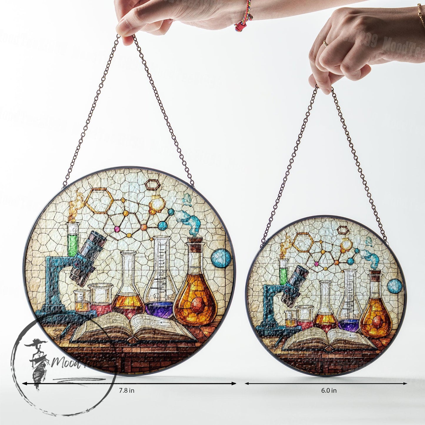 Science Lab Stained Glass Style Window Hanging, Chemistry Microscope Art Panel, Gift for Teacher, Scientist, STEM Classroom Decor