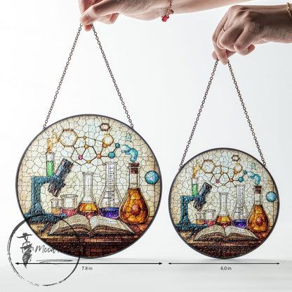 Science Lab Stained Glass Style Window Hanging, Chemistry Microscope Art Panel, Gift for Teacher, Scientist, STEM Classroom Decor