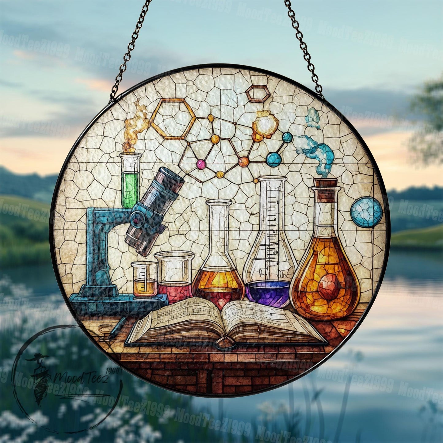 Science Lab Stained Glass Style Window Hanging, Chemistry Microscope Art Panel, Gift for Teacher, Scientist, STEM Classroom Decor