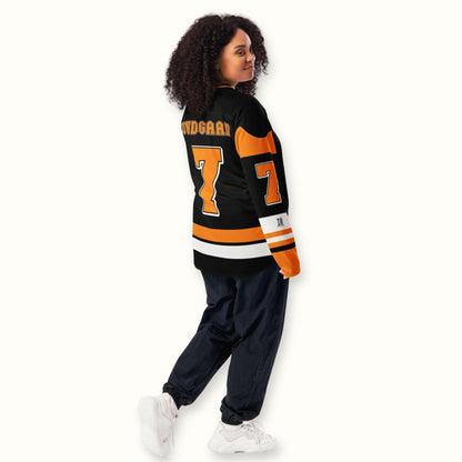Unisex Oversized Racing Hockey Jersey– Black and Orange IndyCar-Inspired Hockey Jersey with Racing Number 7