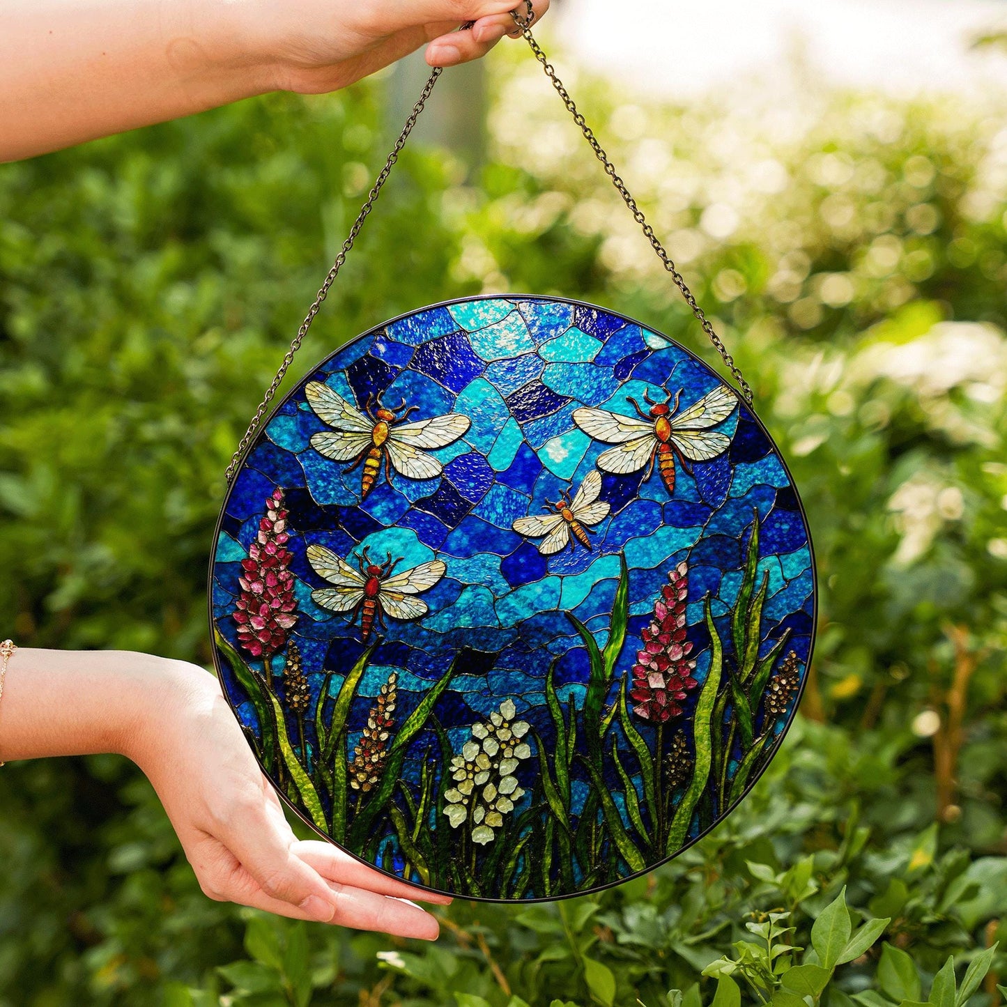 Blue dragonfly stained glass suncatcher with wildflowers summer window decor gift for nature lover