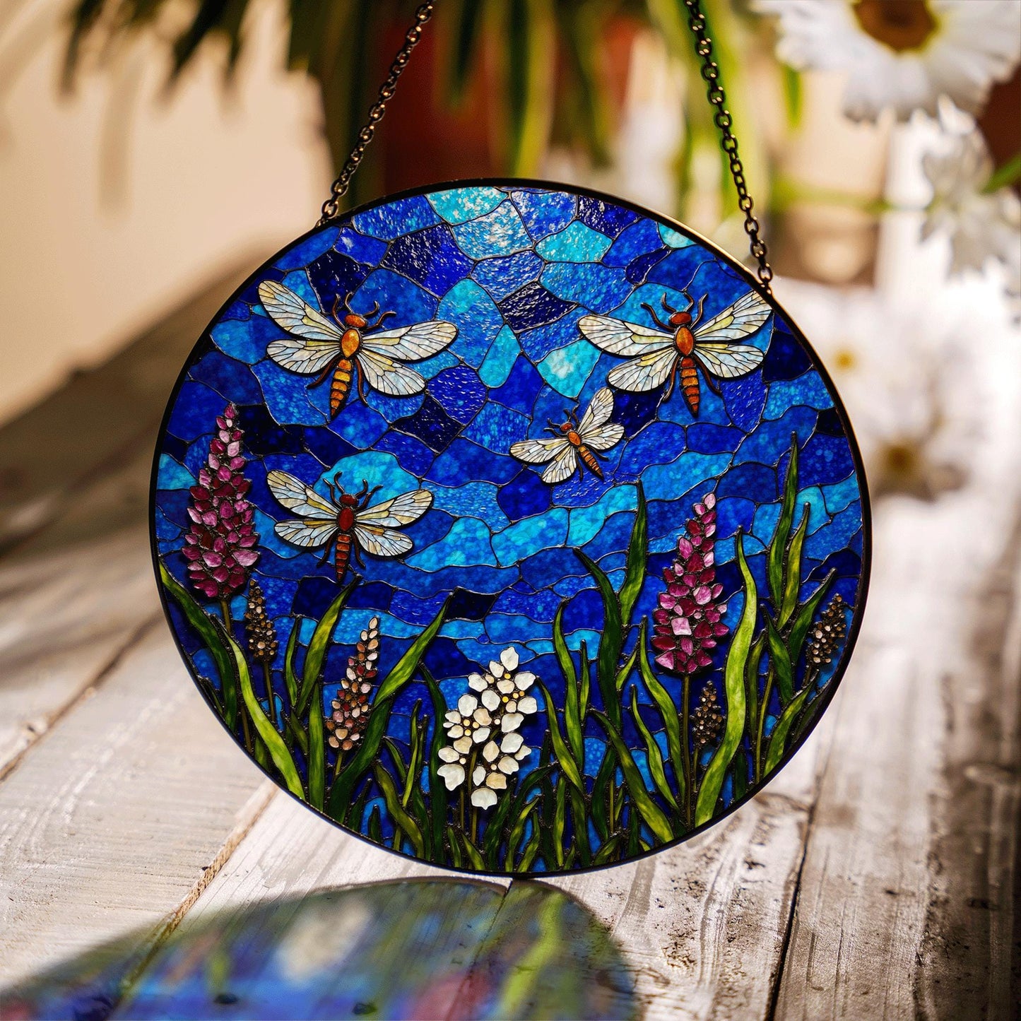 Blue dragonfly stained glass suncatcher with wildflowers summer window decor gift for nature lover