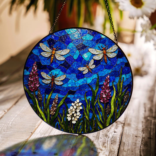 Blue dragonfly stained glass suncatcher with wildflowers summer window decor gift for nature lover