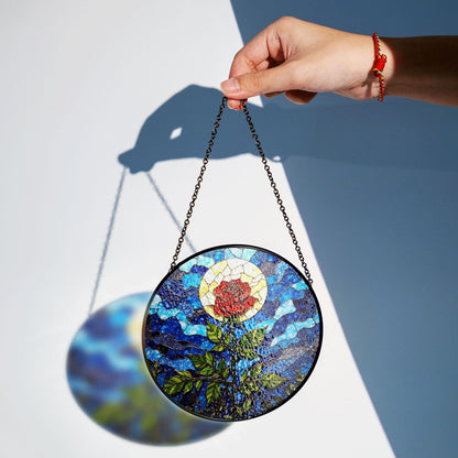 Red Rose with Moonlight Stained Glass Suncatcher Window Decor Gift for Mom